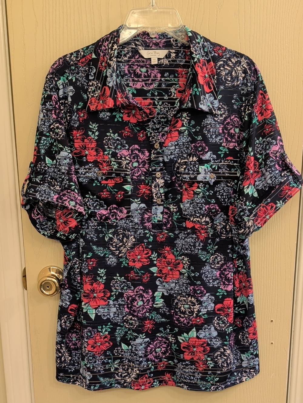 Coral Bay Woman Floral Sheer Stripe Button-Front Knit Top | Navy | Size 1X
